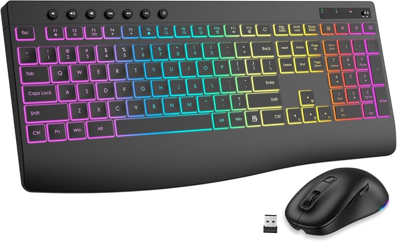 EDJO Wireless Keyboard and Mouse Combo, 9 Backlit Effects, Rechargeable 4000mAh Backlit Keyboard with Wrist Rest, 6 Button Mouse, 2.4G Full Size Quiet Keyboard Set for Computer, PC, Laptop, Mac, Windows - Image 1